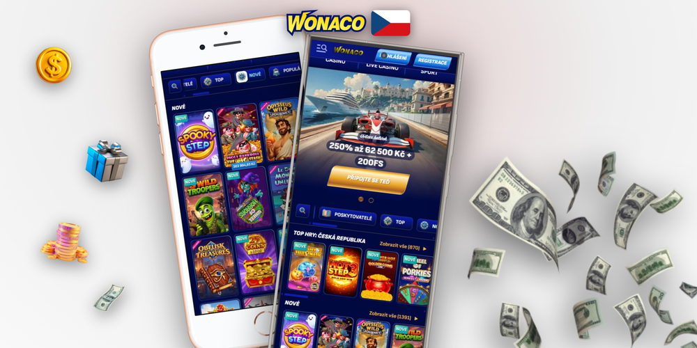 Android telefon s Wonaco Casino app a QR kódem pro stažení aplikace