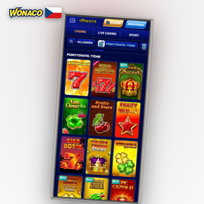 Mřížka slotů v Wonaco Casino aplikaci s barevnými ikonami přes 14 400 her