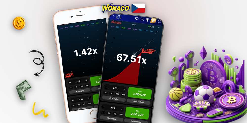Herní rozhraní Aviator ve Wonaco Casino s násobitelem 2,45x a tlačítkem cashout