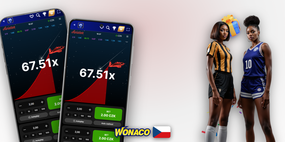 Tři fáze Aviator kola ve Wonaco Casino – start 1,00x, průběh 2,45x a crash obrazovka
