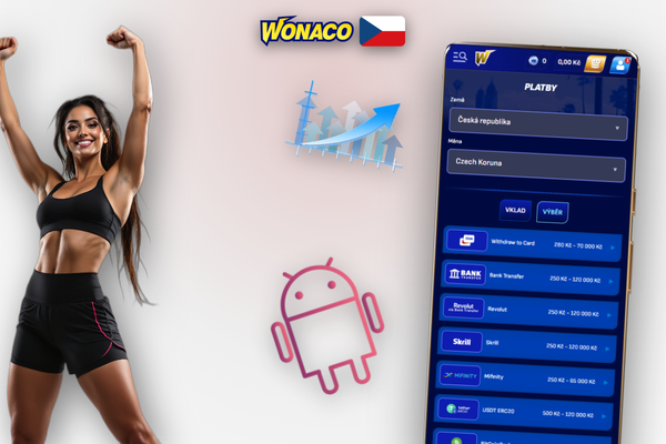 Wonaco Casino pokladna se záložkou výběru a uloženými platebními metodami v tmavém režimu