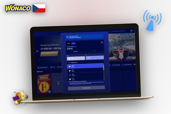 Jak vložit peníze v Wonaco Casino – pokladna otevřená v prohlížeči na notebooku