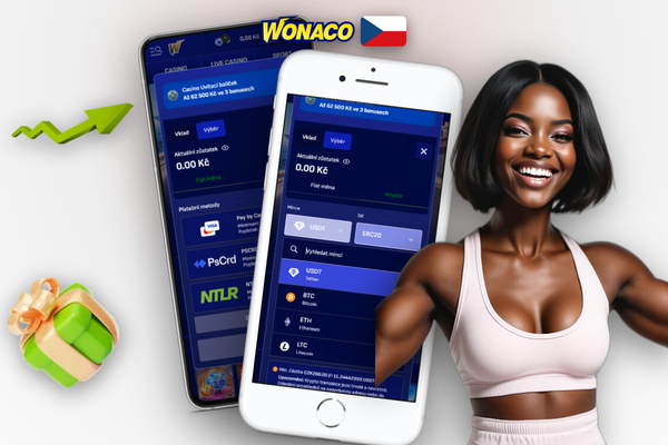 Minimální vklad přes mobilní pokladnu Wonaco Casino na smartphonu s Bitcoinem