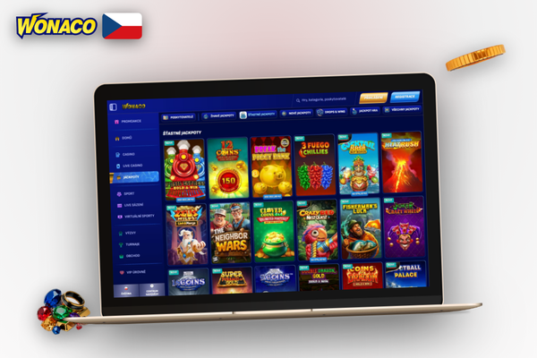 Wonaco Casino na počítači v režimu celé obrazovky s přehledem slotů a menu