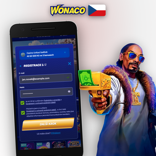 Wonaco Casino registrace na mobilu – formulář s potvrzeným vytvořením účtu