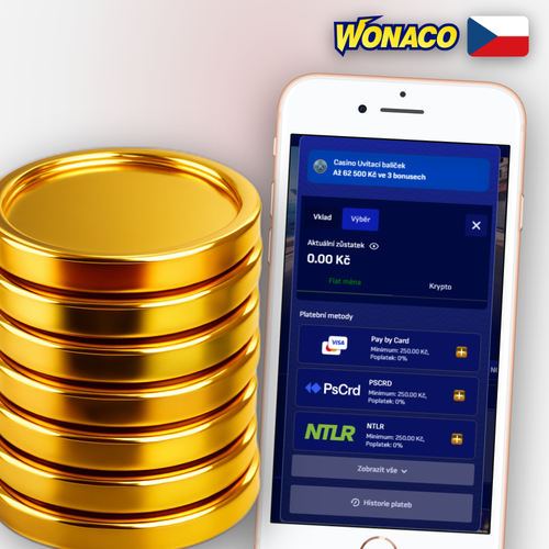 Wonaco Casino vklad – ikony Visa, MasterCard, Skrill a Bitcoin v pokladně